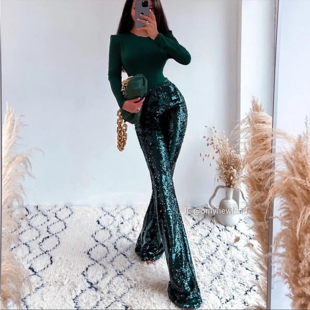 ZARA NWT BLOGGER FAVE Emerald Green Sequin Flare Leg Pants Holiday Party Pants - Picture 6 of 17